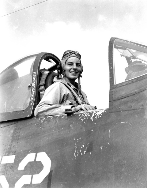 US Marine Corps pilot 2nd Lieutenant John Zoellner, Jr. in the cockpit of a F4U-1 Corsair fighter, 1944