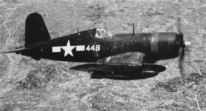 FG-1D Corsair fighter in flight over Okinawa, mid-1945; seen in Mar 1953 issue of US Navy publication Naval Aviation News