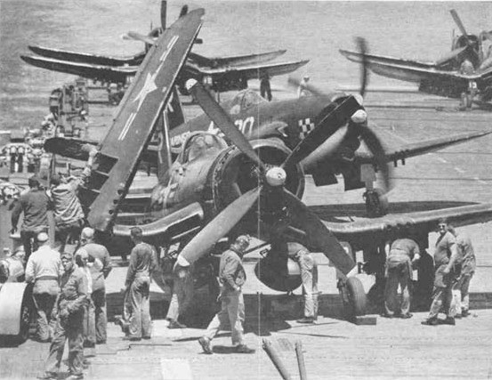 F4U-4 Corsair fighters of US Marine Corps squadron VMF-312 aboard USS Bataan off Korea, spring 1952