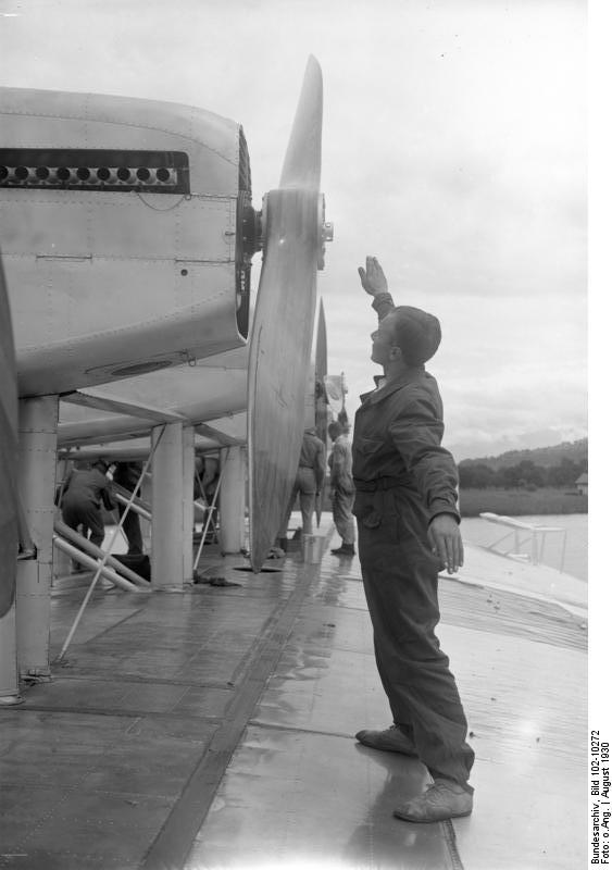 Mechanic working on a propeller of the Do X aircraft, Aug 1930