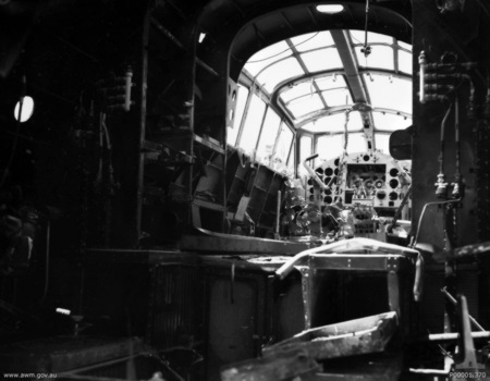 Cockpit of a wrecked G4M bomber, New Britain, Bismarck Archipelago, Sep 1945