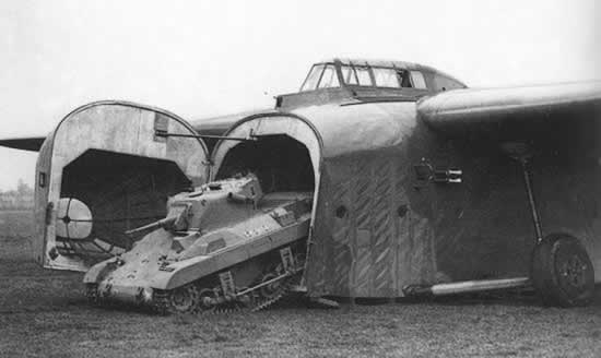 M22 Locust light tank leaving a Hamilcar glider, 1945; note 'kneeling' landing gear to lower front ramp for heavy equipment