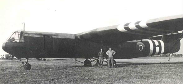 US Army 315th Troop Carrier Group Walter 'Pappy' Winans and Pat McMarrow standing next to British Horsa glider at Spanhoe, England, United Kingdom, Jun-Sep 1944