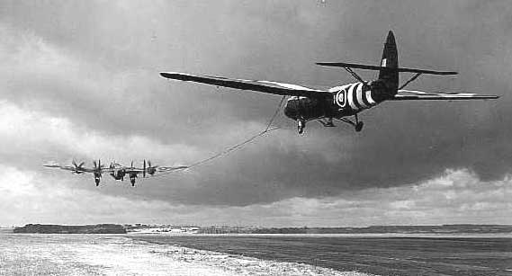 Halifax bomber towing Horsa glider into the air, date unknown