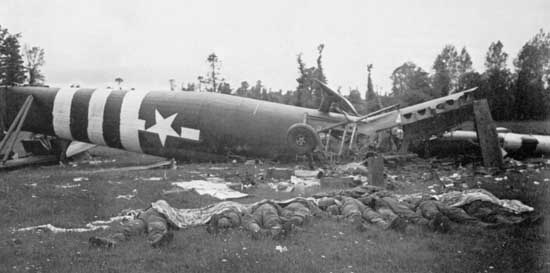 Horsa glider and the remains of its occupants, Cotentin Peninsula, France, Jun 1944