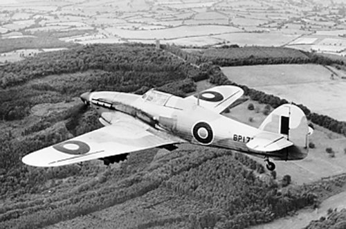 Hurricane Mark IV fighter-bomber in flight, Aug 1945; note deeper radiator and rockets