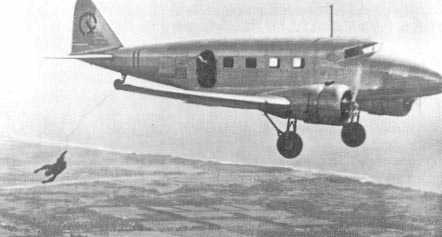 Japanese paratroopers jumping out of a Ki-34 aircraft, circa 1940s