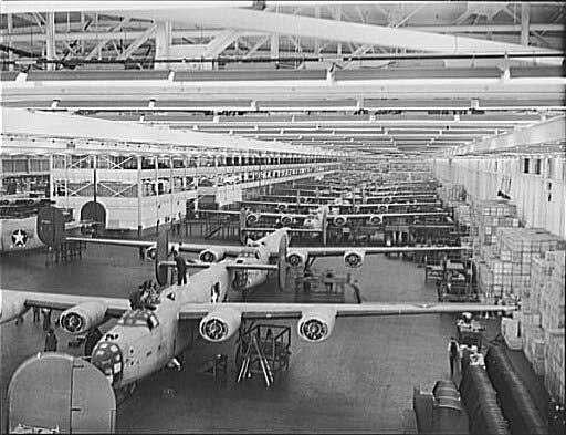 B-24E Liberator bombers being built at Ford's Willow Run plant, Ypsilanti, Michigan, United States, late 1942 or early 1943