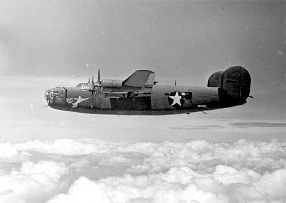 B-24D Liberator bomber 'Daisy May' of 373rd Bomb Squadron of USAAF 308th Bombardment Group in flight over eastern China, Feb-Jun 1943