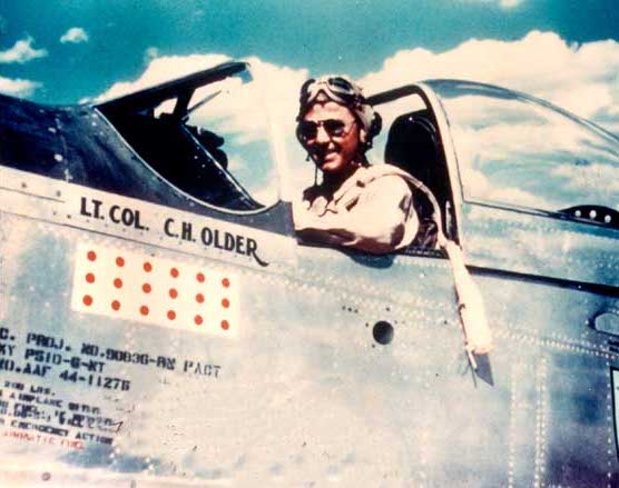 US pilot Lieutenant Colonel Charles H. Older in the cockpit of a P-51D Mustang fighter, China, circa Feb-Mar 1945