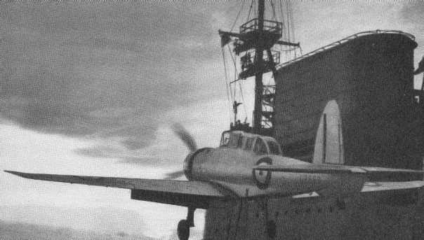 British Skua aircraft taking off from a carrier, circa late 1930s