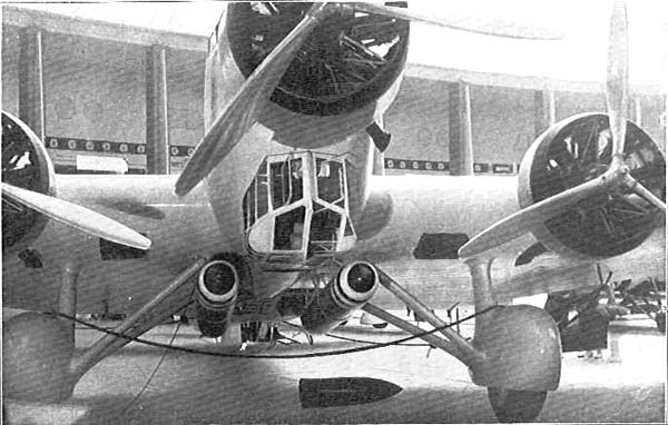 Close-up view beneath SM.81 bomber's nose, circa 1930s