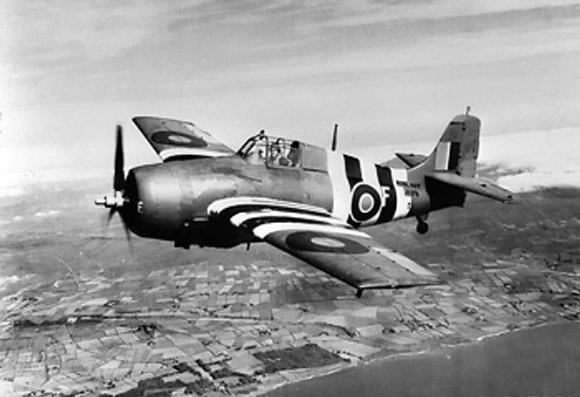 British Wildcat fighter of the No 846 Squadron Fleet Air Arm in flight over the coast of Northern Ireland, United Kingdom, 26 Jun 1944