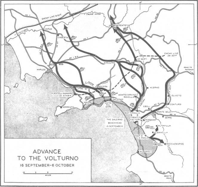 Map depicting the Allied advance north from Salerno, Italy toward Volturno River, 16 Sep-6 Oct 1943