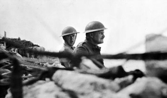 Lieutenant General Bernard Freyberg, commanding officer of British forces on Crete, Greece, gazing over the parapet of his dug out in the direction of the German line, late May 1941