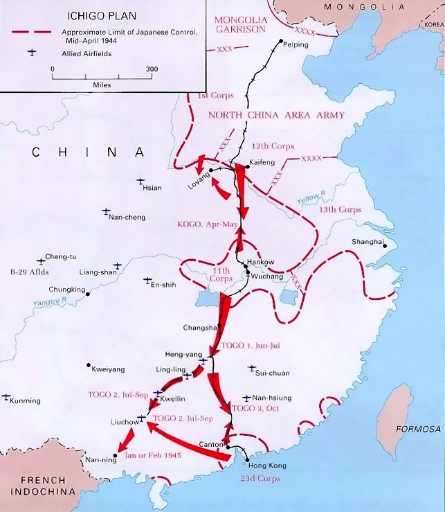 Map depicting movements for Operation Ichigo, mid-Apr 1944