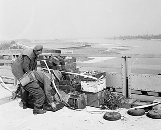 British engineers removing German demolition charges from the bridge at Nijmegen, the Netherlands, 21 Sep 1944