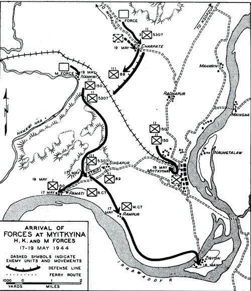 Map depicting the arrival of Allied H, K, and M forces at Myitkyina, Burma, 17-19 May 1944