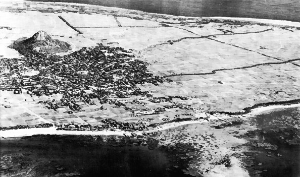 Aerial photo of the town of Ie on Ie Jima, Japan, circa 1945