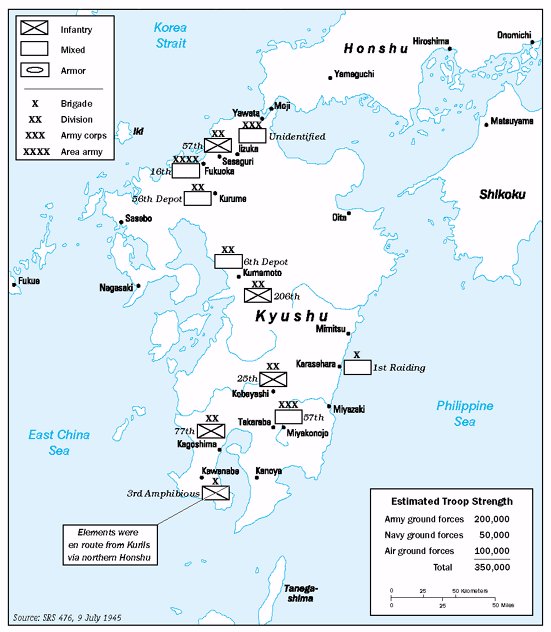 Estimated Japanese troop depositions in Kyushu, Japan, 9 Jul 1945