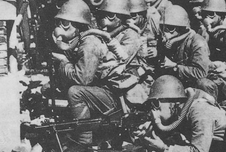 Japanese troops in gas masks in Shanghai, China, Sep-Nov 1937, photo 1 of 2