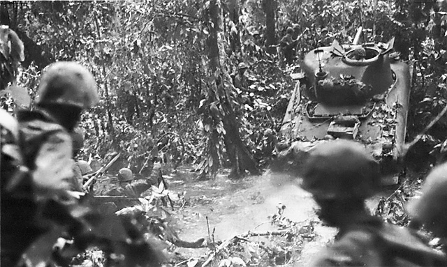 An American medium tank crossing 'Suicide Creek', New Britain, Bismarck Archipelago, Dec 1943