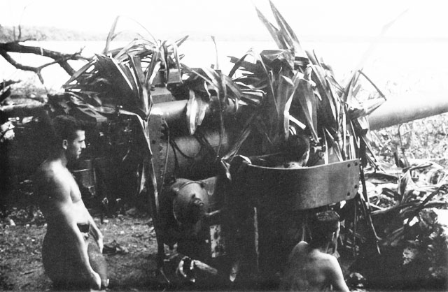 Captured Japanese coastal defense gun at Enogai, New Georgia, Solomon Islands, 5 Jul 1943