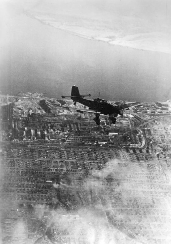 Ju 87 Stuka dive bomber over Stalingrad, Russia, Oct 1942, photo 2 of 3