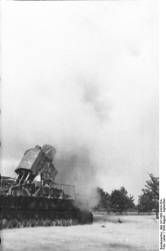 German Karl-Gerät self-propelled howitzer 'Ziu' bombarding Polish positions in Warsaw from Sowinski Park at the edge of the city, Poland, 18 Aug-21 Sep 1944, photo 1 of 2