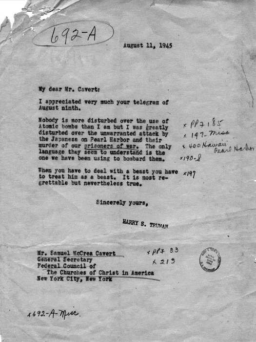 Message from Harry Truman to Samuel Cavert in regards to the use of atomic bombs against Japan, 11 Aug 1945