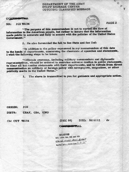 US Joint Chiefs of Staff communication regarding Harry Truman's order to limit press releases, 6 Dec 1950, page 2 of 2