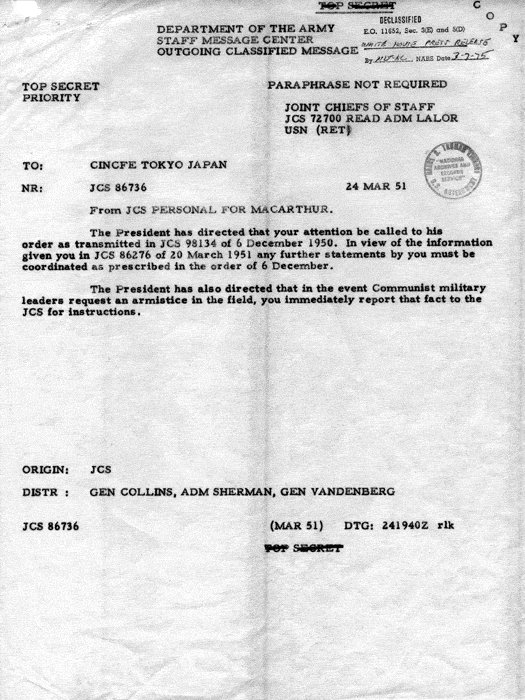 US Joint Chiefs of Staff message to MacArthur regarding the limit of statements, 24 Mar 1951, document 1 of 2