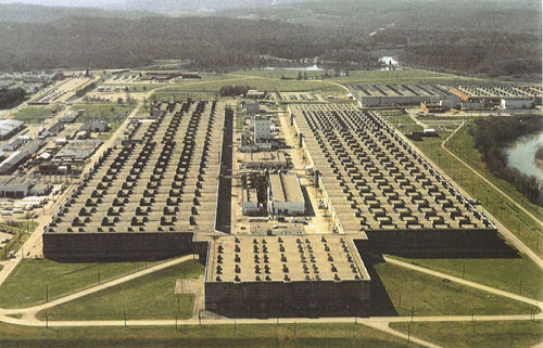 Aerial view of K-25 uranium enrichment plant, Oak Ridge, Tennessee, United States, date unknown