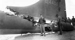 US B-17F “All-American” of 414th BS, 97th BG on the ground at its base in Biskra, Algeria showing severe damage from a mid-air collision with a German fighter over Tunis, Tunisia, 1 Feb 1943. Photo 3 of 8.