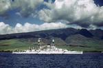 Battleship USS Nevada at anchor at Lahaina Roads, Territory of Hawaii, pre-war.  Note SOC Seagull scout aircraft on Nevada’s catapults.