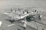 An FM-2 Wildcat suffers a hard landing on the training aircraft carrier USS Sable on Lake Michigan, United States, 1943-45.