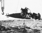 Hulk of Japanese Type A midget submarine recovered from Sydney Harbor after being destroyed in the 31 May 1942 raid, Jun 1942.