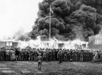 Two days after all internees were evacuated from Bergen-Belsen, the last hut was set alight by a British flame thrower and burned to the ground due to the thick presence of typhus and lice, 21 May 1945.