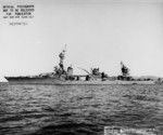 Heavy cruiser USS Chester emerging from Mare Island Naval Shipyard in California 2 Oct 1943 after repairs due to torpedo damage.