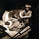 Japanese civilians in a refugee center inside a former bank, Hiroshima, Japan, Sep 1945