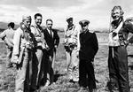 Lieutenant Commander John MacInnes, Lieutenant Commander Don Thorburn, Soviet legation member K. Samiloff, Lieutenant W. V. bellow, Commander Anatoliy Rodinov, and Lieutenant Commander E. V. Wedell, Atsugi Airfield, Japan, 28 Aug 1945