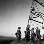 The first US flag raising in Japan, Fort No. 2 on the coast of Tokyo Bay, Japan, 30 Aug 1945