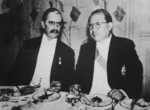 British Prime Minister Neville Chamberlain and Chinese Finance Minister Kong Xiangxi at a banquet prepared by Chinese Ambassador to UK Guo Taiqi, London, England, United Kingdom, May 1937