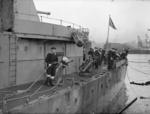 Missing port rail of Norwegian destroyer HNoMS Stord, damaged in heavy seas during the Battle of the North Cape, Rosyth, Scotland, United Kingdom, 4 Jan 1944. Note depth charge launchers.