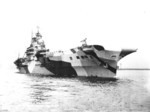 Starboard bow view of HMS Indomitable off Norfolk, Virginia, United States, 30 Mar 1944