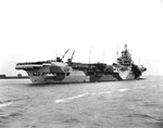 Starboard quarter view of HMS Indomitable off Norfolk, Virginia, United States, 30 Mar 1944