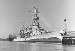 Cruiser USS Salt Lake City in Brisbane harbor, Australia, mid-1941. Note the painted false bow wave.