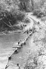 Members of US 5332nd Brigade (Provisional) building a temporary river crossing, west of Lashio, Burma, 1945, photo 2 of 2