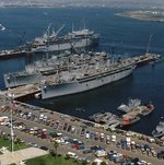 USS Sperry (nearest), USS Proteus (center), and USS Dixon (furthest), Ballast Point, Navv Station Point Loma, San Diego, California, United States, 1980s