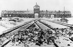 Snow covered pots and pans on the tracks inside abandoned Auschwitz II-Birkenau camp, Oswiecim, Poland, Feb-Mar 1945; note interior face of the gatehouse